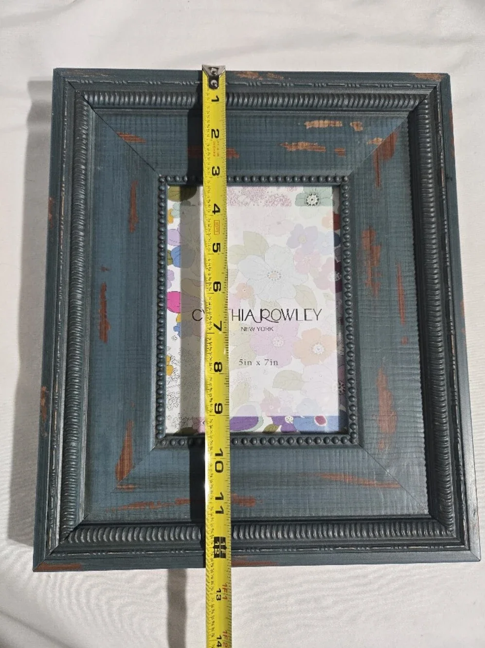 Cynthia Rowley Distressed Teal Blue Carved 5x7 Picture Frame Rustic Wood Look